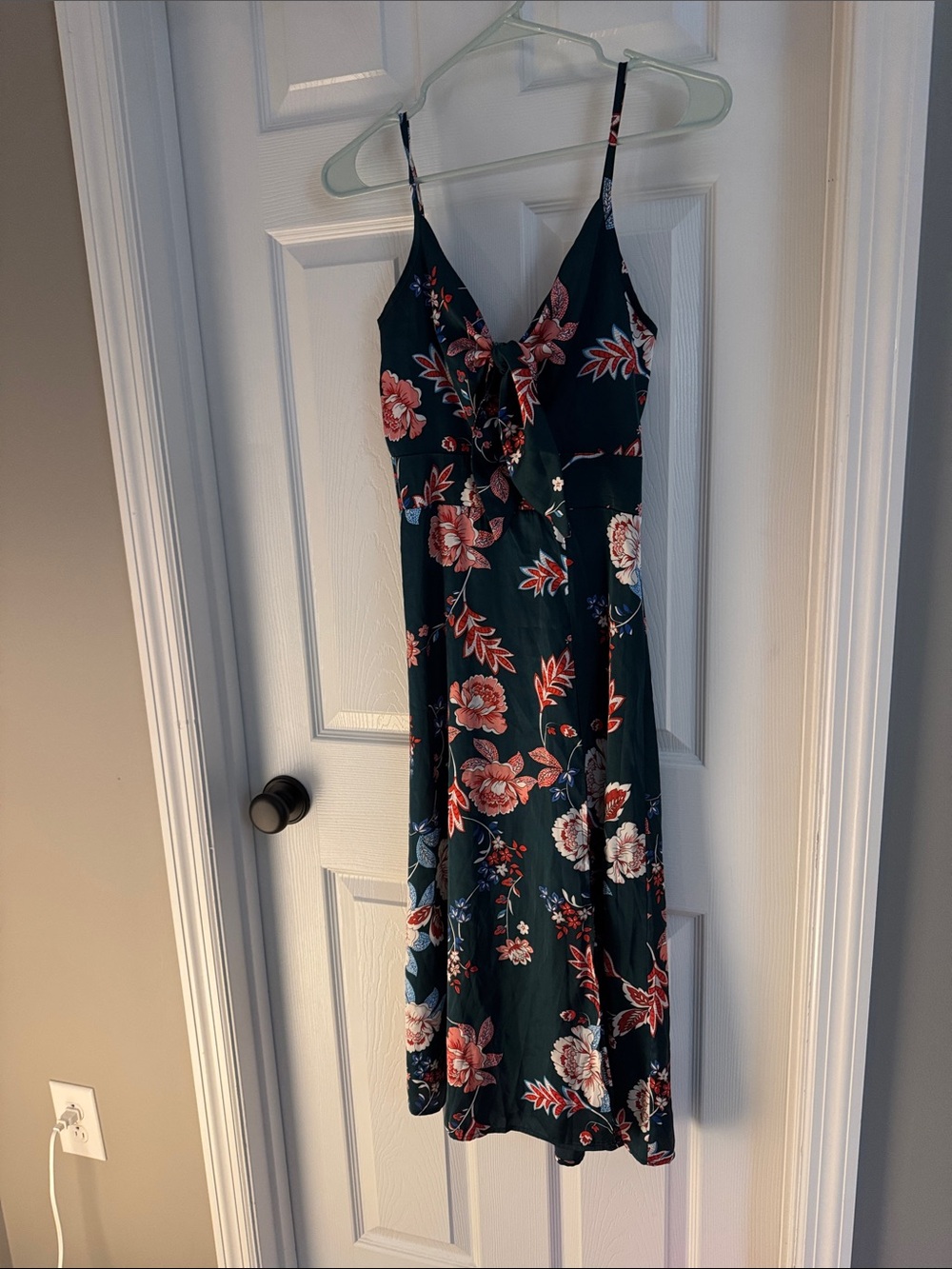 Floral V-Neck Spaghetti Strap Midi Dress - Dark Green